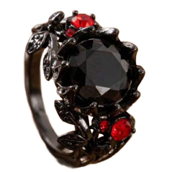 Vintage Style Dark Simulated Onyx and Red Stone Ring, Art Deco Leaf Design - Picture 2 of 3